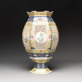 A Chinese famille rose yellow-ground hexagonal lantern and stand, Republic period