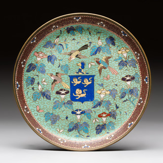 A rare Japanese cloisonné armorial saucer dish, 19th C.
