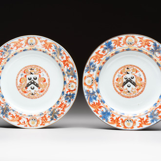 A pair of Chinese Imari-style armorial plates with the arms of Walker for the English market, Kangxi, ca. 1712