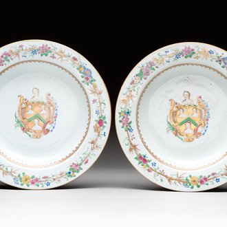 A pair of Chinese famille rose armorial plates with the arms of William Ellis for the English market, Qianlong, ca. 1755