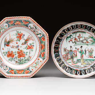 A Chinese famille verte octagonal plate and a 'reticulated border' plate, Kangxi