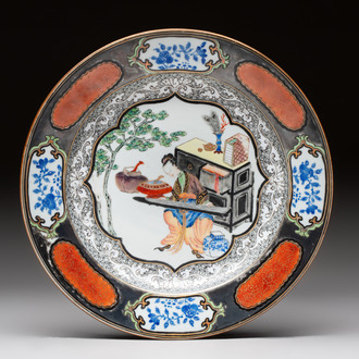 A Chinese famille rose silver and gilt-decorated plate with a lady playing guqin, Yongzheng/Qianlong
