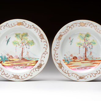 A rare pair of Chinese famille rose 'Valentine pattern' plates, Qianlong, ca. 1750