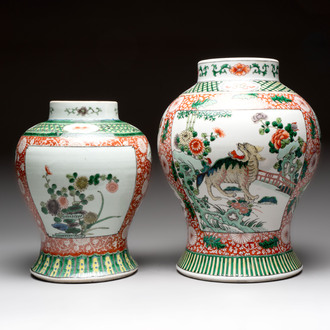 Two Chinese famille verte vases with flowers and mythical animals, 19th C.