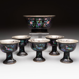 Five Chinese silver-lined laque burgauté stem cups and a bowl, 18th C.