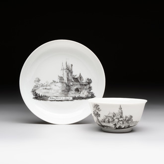 A Chinese grisaille 'Hoorn, Aspen and Valkenburg' cup and saucer, Qianlong