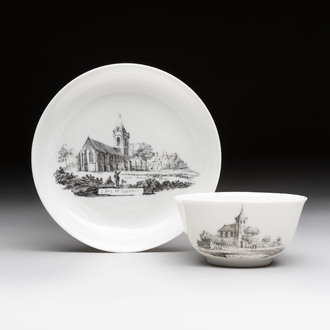A Chinese grisaille 'Castricum, Blaricum and Workum' cup and saucer, Qianlong