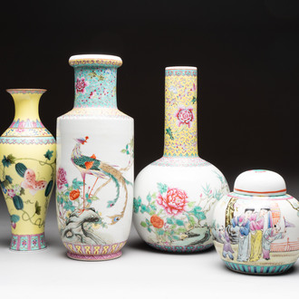 Three Chinese famille rose vases and a covered jar, Qianlong mark, 20th C.