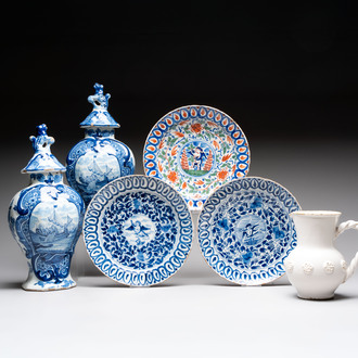 Three plates, a pair of covered vases and a jug, The Netherlands and Spain, 18/19th C.