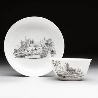 A Chinese grisaille 'Haarlem, Leersum and Liesveld' cup and saucer, Qianlong