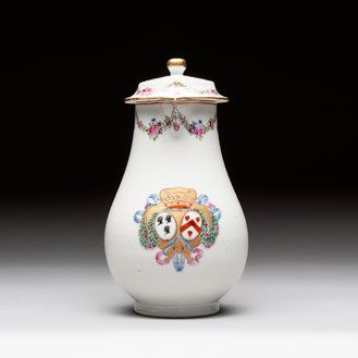 A Chinese famille rose armorial jug and cover with the arms of Moricaud impaling Bertrand for the French market, Qianlong, ca. 1760