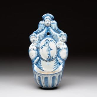 A blue and white Dutch Delft holy water font, late 17th C.