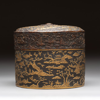 An imperial Vietnamese gold and silver-inlaid cylindrical tea box and cover, Hợp kim gồm ba lượng chín phân vàng bảy phân đồng  mark, 18/19th C.