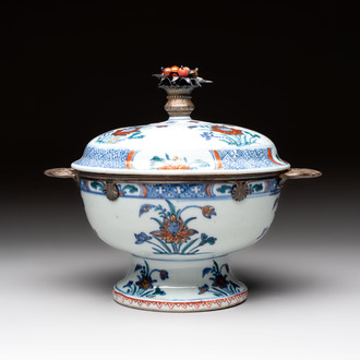A rare Chinese silver-mounted doucai bowl and cover, Kangxi/Yongzheng