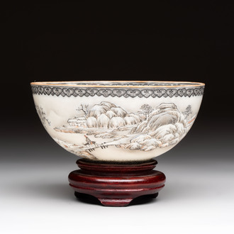 A Chinese 'snowscape' eggshell bowl on wooden stand, Qianlong mark, Republic