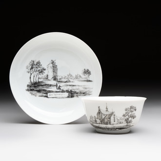 A Chinese grisaille 'Leiderdorp, Arkel and Leerdam' cup and saucer, Qianlong