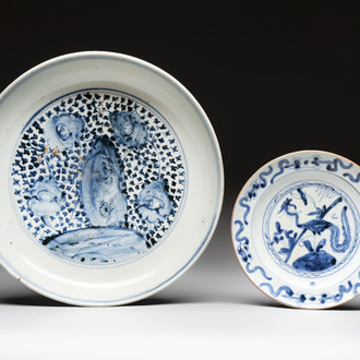 A Chinese blue and white 'floral' dish and a 'phoenix' plate, Ming