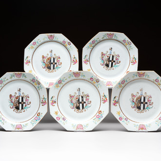 Five Chinese famille rose armorial plates with the arms of Simpson impaling Brydges for the English market, Qianlong, ca. 1760