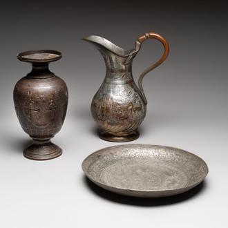 A tinned copper ewer, a vase and a dish, Qajar, 19/20th C.
