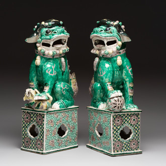 A pair of large Chinese verte biscuit Buddhist lions, 19th C.