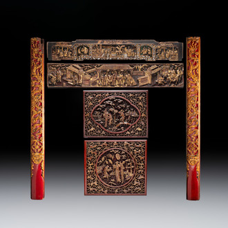Six Chinese gilt lacquered panels with narrative design, 19th C.
