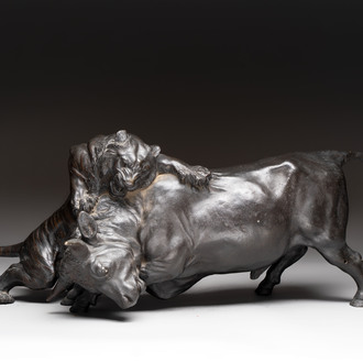 A Japanese bronze okimono of a tiger and a bull, signed Sano Takachika 佐野隆親, Meiji, 19th C.