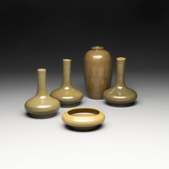 Four Chinese teadust-glazed vases and a brush washer, 19th C.