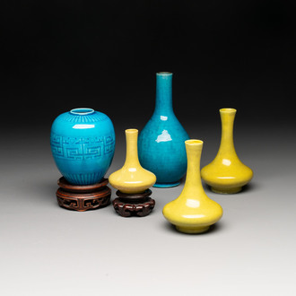 Three Chinese yellow-glazed vases and two turquoise-glazed vases, 19th C.