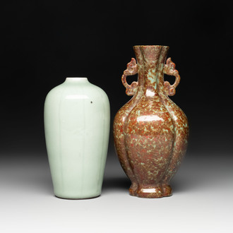 A Chinese celadon-glazed vase and a faux bronze-glazed vase, Qianlong mark, 18/19th C.