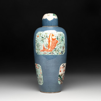 A Chinese famille verte powder-blue-ground 'fish and bird' vase and cover, 19th C.
