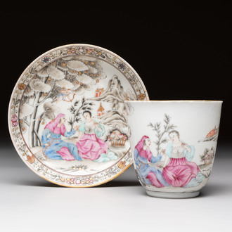 A Chinese famille rose 'erotic subject' cup and saucer, Yongzheng/Qianlong