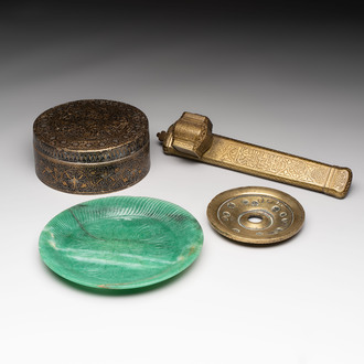 A brass weight, an inkwell, a box and a jade saucer, incl. Mughal, Ottoman and Qajar, 18/20th C.