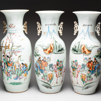 Three Chinese famille rose vases, signed Zhang Rong Shun 張榮順 and Qun Yi Hua Guan 群益畫館 19/20th C.