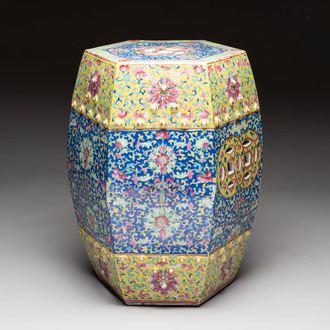 A Chinese famille rose blue and yellow-ground hexagonal garden seat, 19th C.