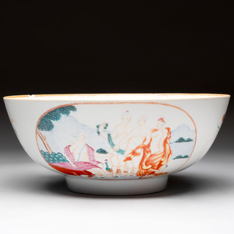 A Chinese famille rose 'The judgement of Paris' punch bowl, Qianlong