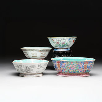 Four Chinese famille rose tazzas, one with a wooden stand, Xianfeng and Tongzhi marks, 19th C.