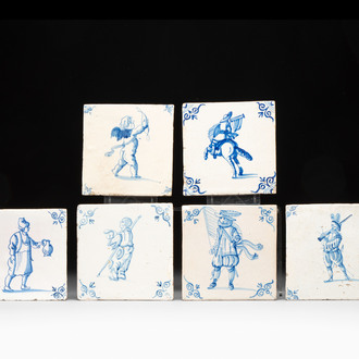 Six blue and white Dutch Delft 'figure' tiles , 17th C.