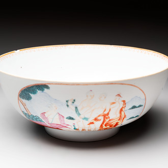 A Chinese famille rose 'The judgement of Paris' punch bowl, Qianlong