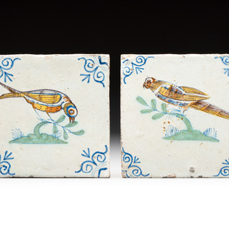 Two polychrome Dutch Delft 'bird' tiles, 17th C.