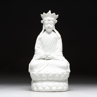 A Chinese white-glazed figure of Xuanzang, Cai Chang Tai 蔡昌泰造 mark, 20th C.