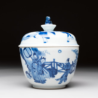 A Chinese blue and white 'figures in a landscape' bowl and cover, Kangxi mark and of the period