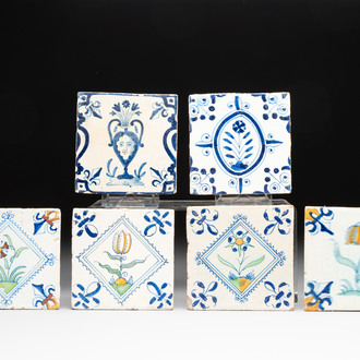 Six blue, white and polychrome Dutch Delft 'flower' tiles, 17th C.