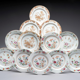 12 Chinese famille rose  and gilt-decorated plates with floral design, Qianlong