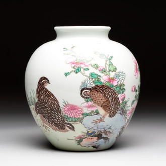 A Chinese falangcai 'quails among flowers' vase, 19/20th C.