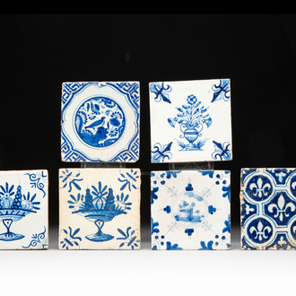 Six blue and white Dutch Delft 'French lilies', 'fruit bowls', 'Chinese gardens' and 'flower vases' tiles, 17th C.