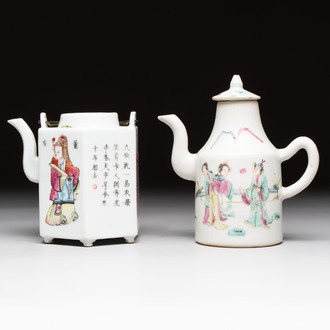 A Chinese 'Wu Shuang Pu' teapot and a famille rose covered wine pot, 19th C.