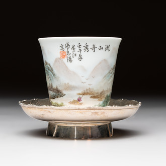 A fine Chinese famille rose 'mountainous landscape' cup on a silver stand , signed Zhang Zhitang 張志湯, dated 1942