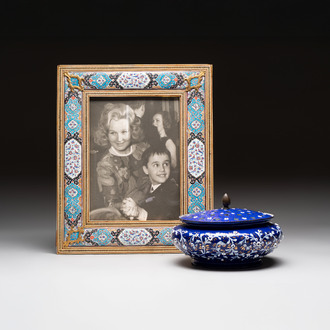 A Persian enamel and bone-inlaid frame, and an enamel flower holder, 19/20th C.