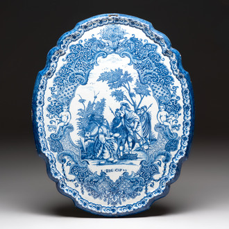 A large blue and white Dutch Delft 'biblical subject' plaque, 18th C.