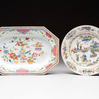 A Chinese famille rose octagonal dish and a famille verte plate with figures in a landscape, ding mark, Kangxi/Qianlong